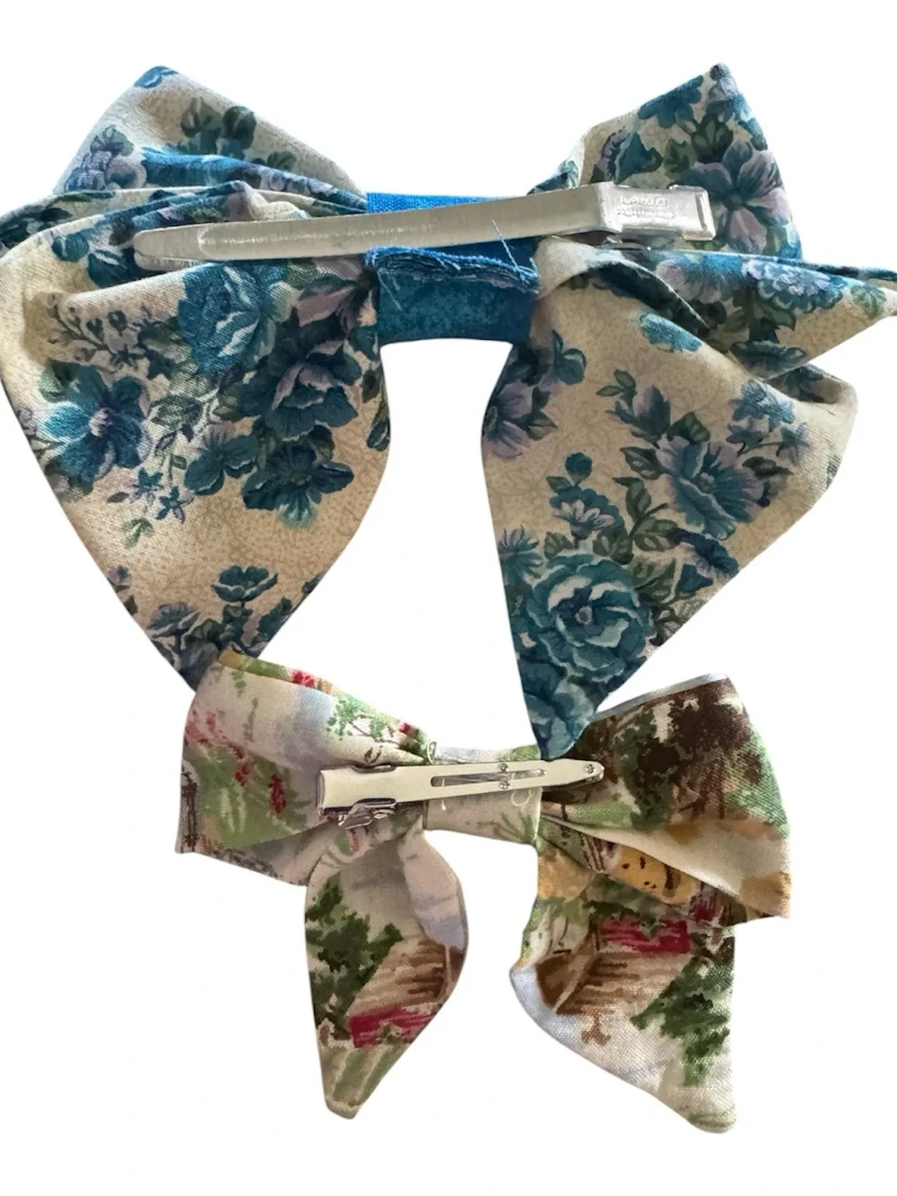 Hand Crafted Floral Fabric Hair Bows in Blue & Cream - Two Pack